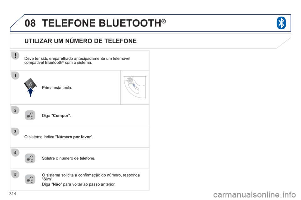 PEUGEOT 4008 2012  Manual de utilização (in Portuguese) 314
08
2
3
1
4
5
TELEFONE BLUETOOTH®
Diga "Compor".r
   O sistema indica "Número por favor".  r
 
 
 
 
 
 
 
 
 
 
 
 
 
 
 
 
 
 
 
 
 
 
UTILIZAR UM NÚMERO DE TELEFONE 
Soletre o número de tele