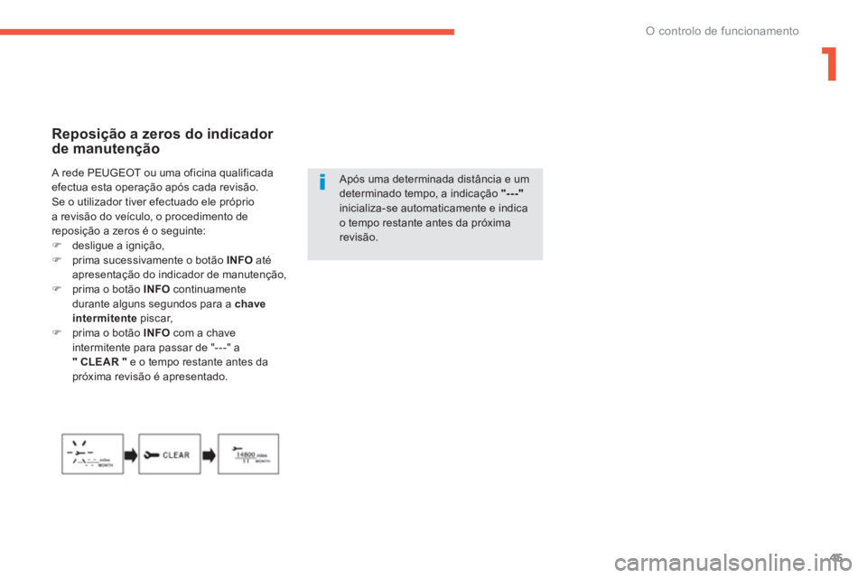 PEUGEOT 4008 2012  Manual de utilização (in Portuguese) 1
45
O controlo de funcionamento
   
Reposição a zeros do indicador de manutenção 
 
 
Após uma determinada distância e umdeterminado tempo, a indicação "---"inicializa-se automaticamente e in