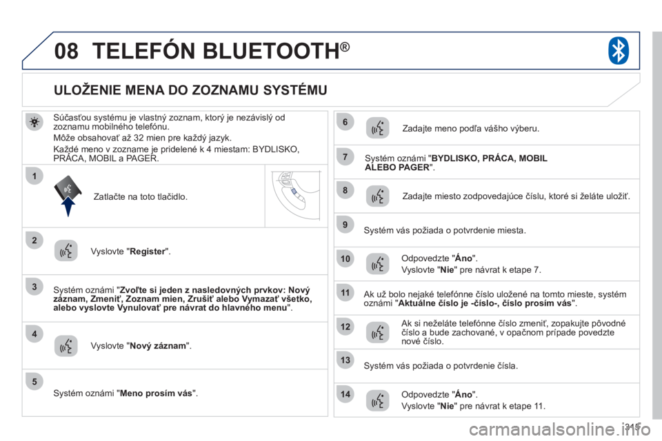 PEUGEOT 4008 2012 Návod na použitie (in Slovakian) 315
08
3
4
7
8
9
10
11
1
2
5
6
12
14
13
TELEFÓN BLUETOOTH ®
Súčasťou systému je vlastný zoznam, ktorý je nezávislý od
zoznamu mobilného telefónu.
M
ôže obsahovať až 32 mien pre každ PEUGEOT 4008 2012 Návod na použitie (in Slovakian) 315
08
3
4
7
8
9
10
11
1
2
5
6
12
14
13
TELEFÓN BLUETOOTH ®
Súčasťou systému je vlastný zoznam, ktorý je nezávislý od
zoznamu mobilného telefónu.
M
ôže obsahovať až 32 mien pre každ
