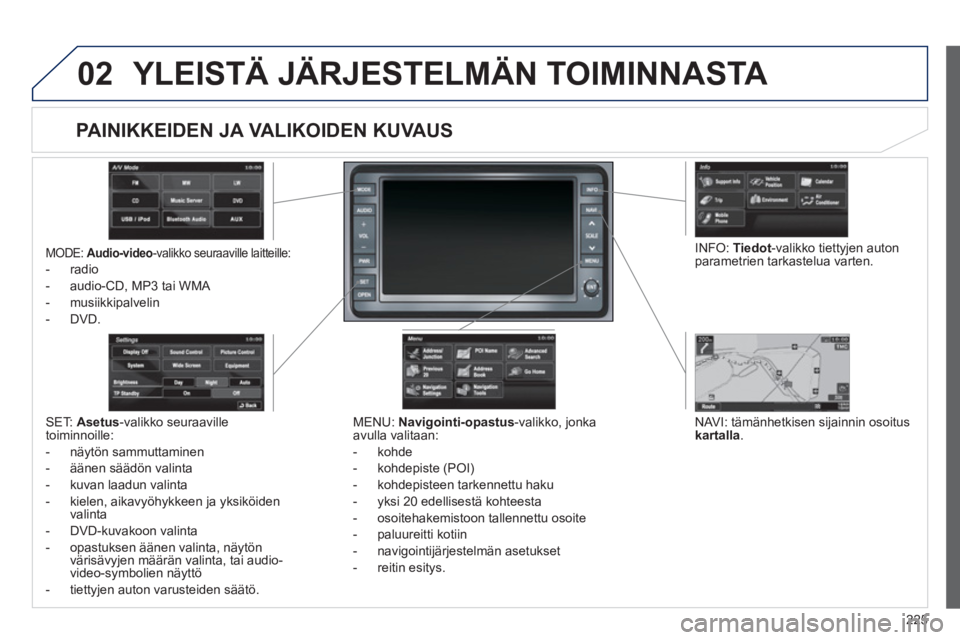 PEUGEOT 4008 2012  Omistajan Käsikirja (in Finnish) 225
02 YLEISTÄ JÄRJESTELMÄN TOIMINNASTA 
MODE: Audio-video-valikko seuraaville laitteille: 
-  radio 
-  audio-
CD, MP3 tai WMA 
-  musiikki
palvelin
-
DVD.
MENU:  Navigointi-opastus 
-valikko, jon