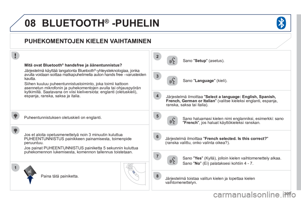 PEUGEOT 4008 2012 Omistajan Käsikirja (in Finnish) 309
1
2
3
08
4
5
6
7
8
PUHEKOMENTOJEN KIELEN VAIHTAMINEN
BLUETOOTH®
-PUHELIN®
Puheentunnistuksen oletuskieli on englanti.
Paina t
ätä painiketta.
Sa PEUGEOT 4008 2012 Omistajan Käsikirja (in Finnish) 309
1
2
3
08
4
5
6
7
8
PUHEKOMENTOJEN KIELEN VAIHTAMINEN
BLUETOOTH®
-PUHELIN®
Puheentunnistuksen oletuskieli on englanti.
Paina t
ätä painiketta.
Sa