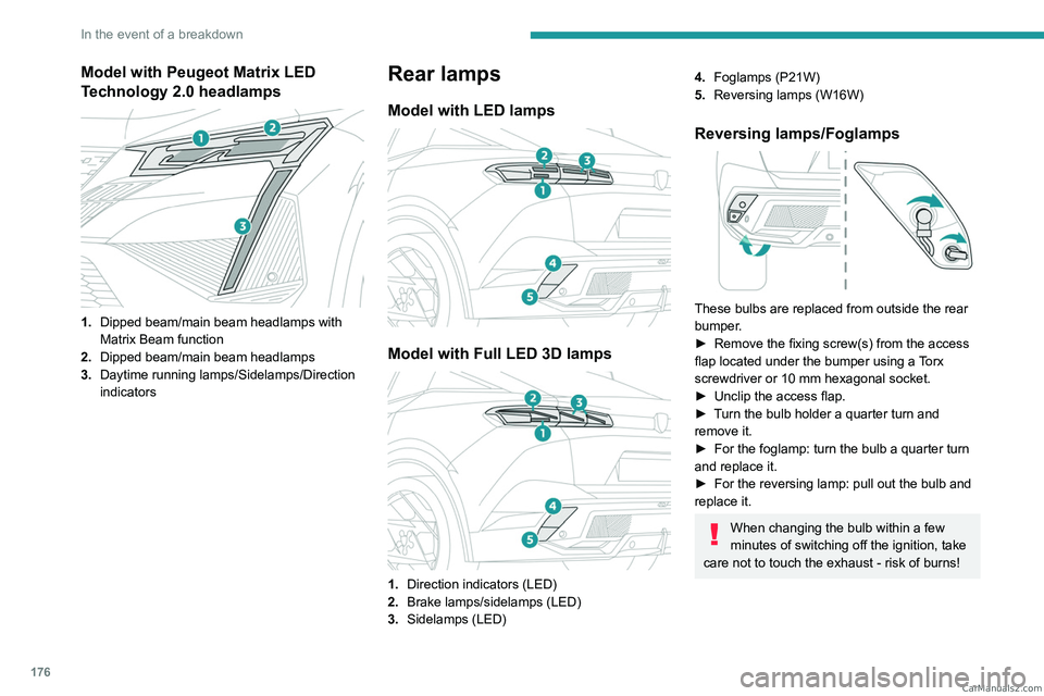 PEUGEOT 408 2023  Owners Manual 176
In the event of a breakdown
Model with Peugeot Matrix LED 
Technology 2.0 headlamps
 
 
1.Dipped beam/main beam headlamps with 
Matrix Beam function
2. Dipped beam/main beam headlamps
3. Daytime r