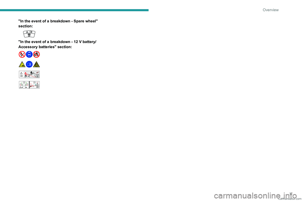 PEUGEOT 408 2023  Owners Manual 7
Overview
"In the event of a breakdown - Spare wheel" 
section:
 
 
"In the event of a breakdown - 12 V battery/
Accessory batteries" section:
 
 
 
 
 24V12V 
 
   CarM an uals 2 .c 