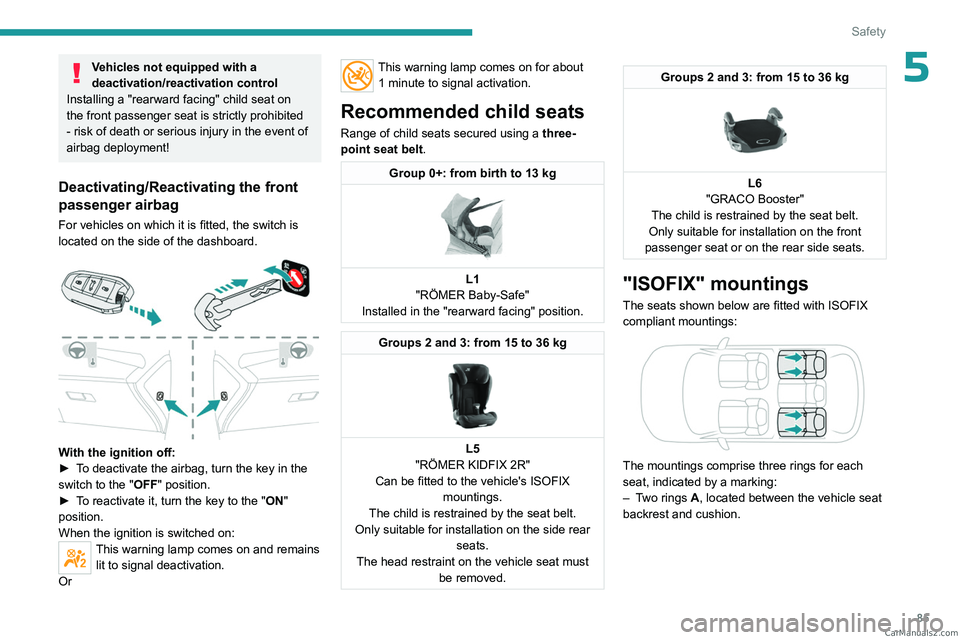 PEUGEOT 408 2023  Owners Manual 85
Safety
5Vehicles not equipped with a 
deactivation/reactivation control
Installing a "rearward
  facing" child seat on 
the front passenger seat is strictly prohibited 
- risk of death or s