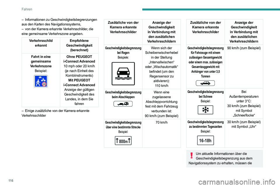 PEUGEOT 408 2023  Betriebsanleitungen (in German) 11 6
Fahren
– Informationen zu Geschwindigkeitsbegrenzungen 
aus den Karten des Navigationssystems,
–
 
von der Kamera erkannte V
 erkehrsschilder, die 
eine gemeinsame Verkehrszone angeben.
Verke