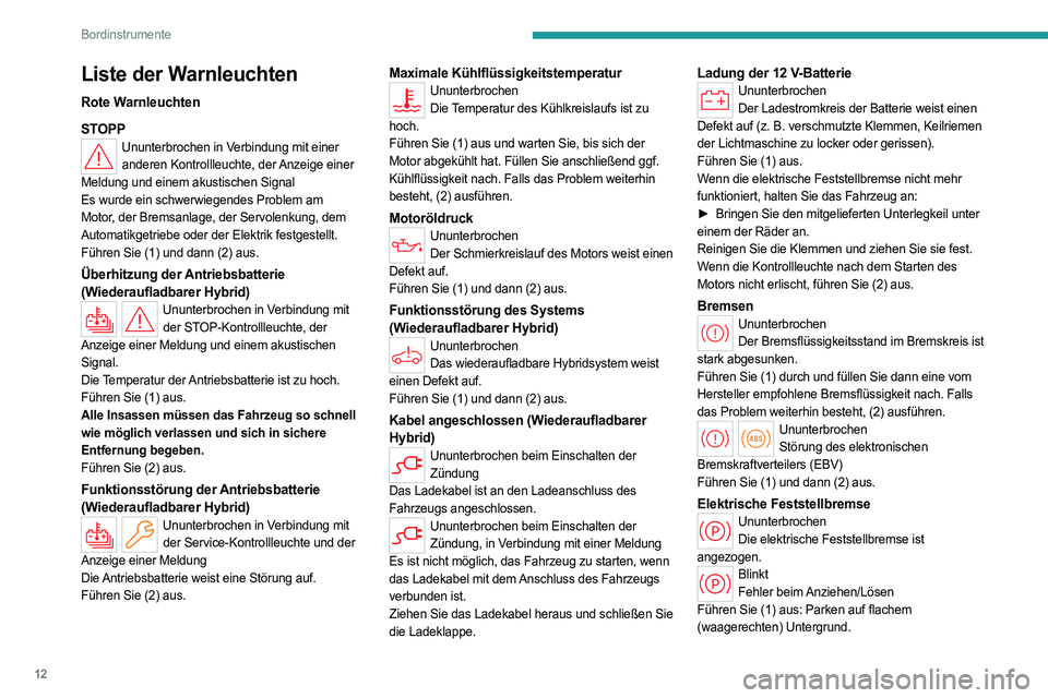 PEUGEOT 408 2023  Betriebsanleitungen (in German) 12
Bordinstrumente
Liste der Warnleuchten
Rote Warnleuchten
STOPP
Ununterbrochen in Verbindung mit einer anderen Kontrollleuchte, der Anzeige einer 
Meldung und einem akustischen Signal
Es wurde ein s