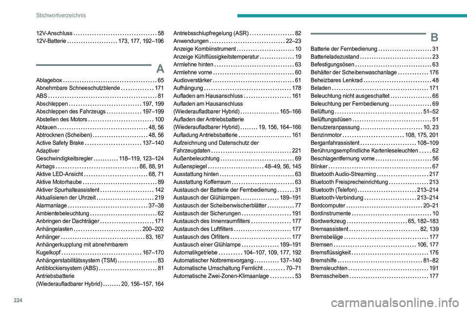 PEUGEOT 408 2023  Betriebsanleitungen (in German) 224
Stichwortverzeichnis
12V-Anschluss    58
12V-Batterie     
173, 177, 192–196
A
Ablagebox     65
Abnehmbare Schneeschutzblende    
171
ABS
    
81
Abschleppen
    
197, 199
Abschleppen des Fahrze
