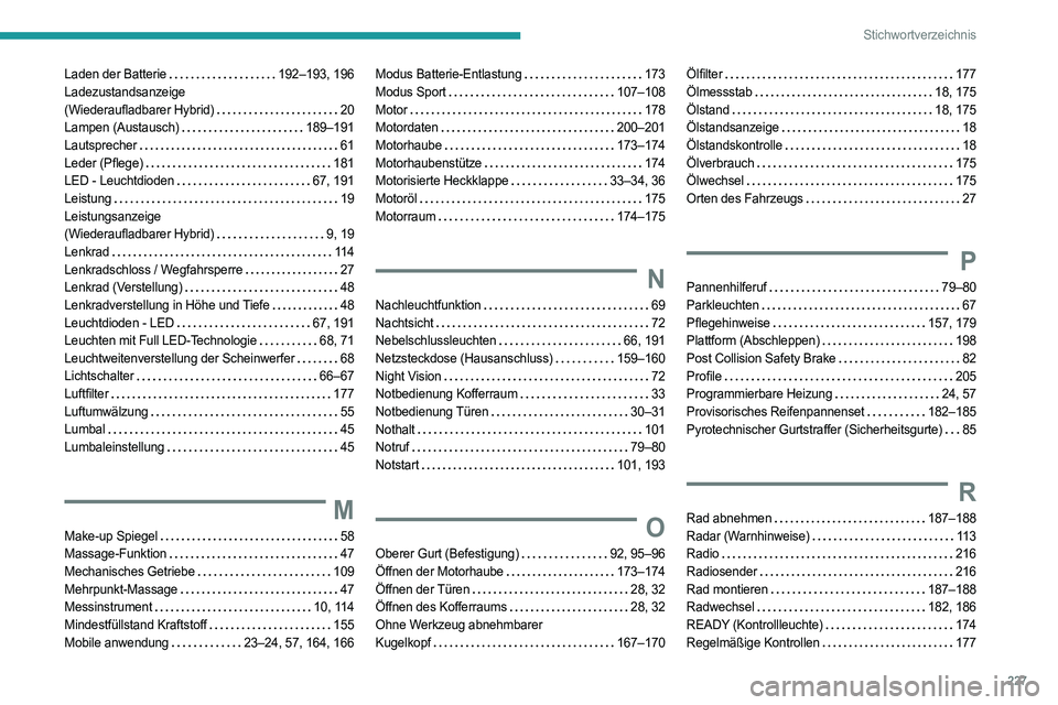 PEUGEOT 408 2023  Betriebsanleitungen (in German) 227
Stichwortverzeichnis
Laden der Batterie    192–193, 196
Ladezustandsanzeige   
(Wiederaufladbarer Hybrid)
   
20
Lampen (Austausch)
    
189–191
Lautsprecher
    
61
Leder (Pflege)
    
181
LE