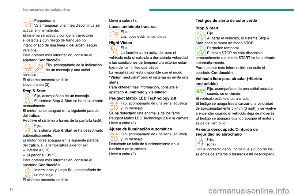 PEUGEOT 408 2023  Manual del propietario (in Spanish) 16
Instrumentos del salpicadero
Parpadeante.
Va a franquear una línea discontinua sin 
activar el intermitente.
El sistema se activa y corrige la trayectoria 
si detecta algún riesgo de franqueo no 