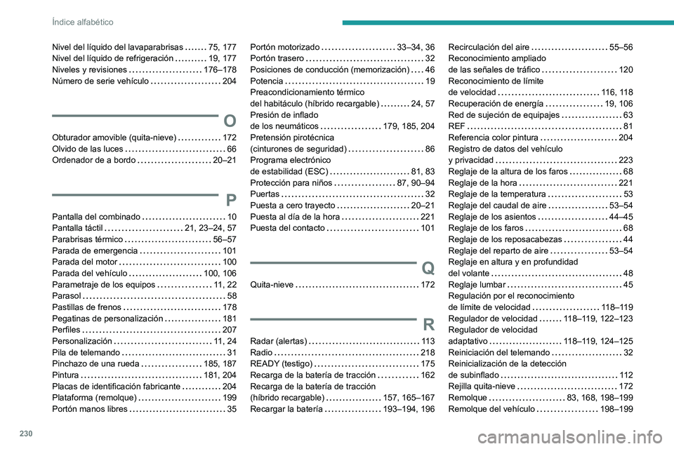PEUGEOT 408 2023 Manual del propietario (in Spanish) 230
Índice alfabético
Nivel del líquido del lavaparabrisas 75, 177
Nivel del líquido de refrigeración
19, 177
Niveles y revisiones
176–178
Número de serie vehículo
204
O
Ob PEUGEOT 408 2023 Manual del propietario (in Spanish) 230
Índice alfabético
Nivel del líquido del lavaparabrisas 75, 177
Nivel del líquido de refrigeración
19, 177
Niveles y revisiones
176–178
Número de serie vehículo
204
O
Ob