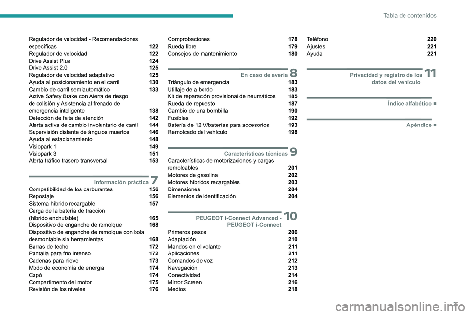 PEUGEOT 408 2023  Manual del propietario (in Spanish) 3
Tabla de contenidos
Regulador de velocidad - Recomendaciones 
específicas  122
Regulador de velocidad  122
Drive Assist  Plus  124
Drive Assist  2.0  125
Regulador de velocidad adaptativo  125
Ayud