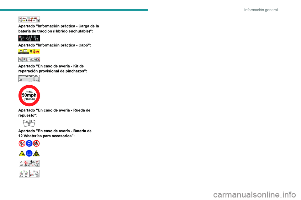 PEUGEOT 408 2023  Manual del propietario (in Spanish) 7
Información general
 
Apartado "Información práctica - Carga de la 
batería de tracción (Híbrido enchufable)":
 
 
Apartado "Información práctica - Capó":  
 
 
Apartado 