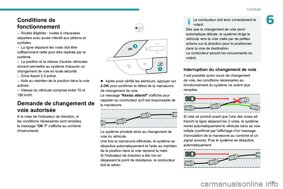 PEUGEOT 408 2023  Manuel du propriétaire (in French) 131
Conduite
6Conditions de 
fonctionnement
– Routes éligibles  : routes à chaussées 
séparées avec accès interdit aux piétons et 
cyclistes.
–
 
La ligne séparant les voies doit être 
su
