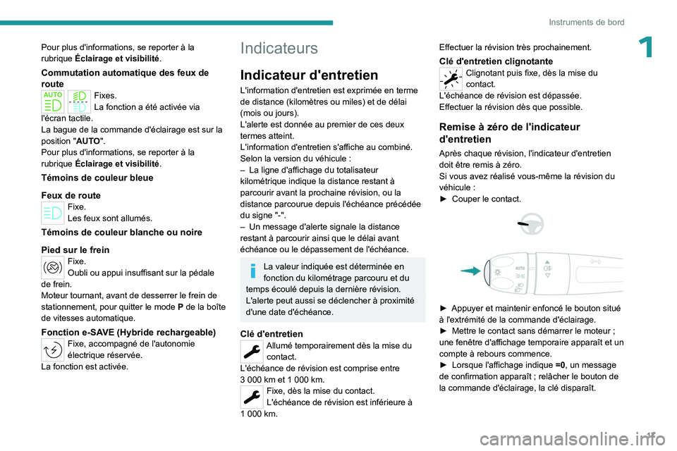 PEUGEOT 408 2023  Manuel du propriétaire (in French) 17
Instruments de bord
1Pour plus d'informations, se reporter à la 
rubrique Éclairage et visibilité.
Commutation automatique des feux de 
route
Fixes.
La fonction a été activée via 
l'