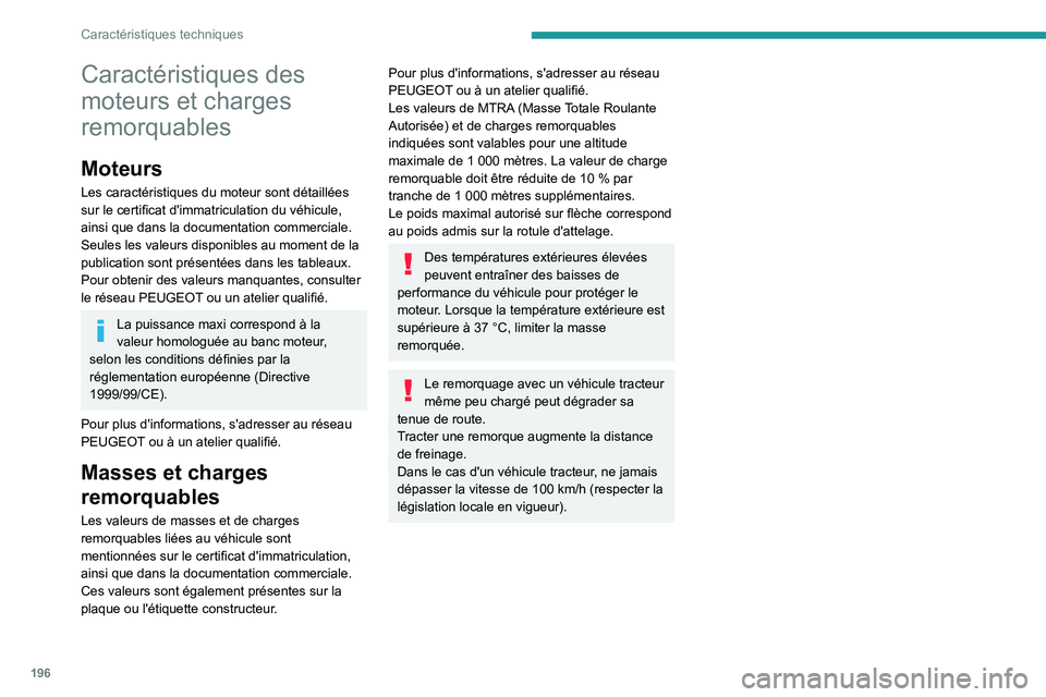 PEUGEOT 408 2023  Manuel du propriétaire (in French) 196
Caractéristiques techniques
Caractéristiques des 
moteurs et charges 
remorquables
Moteurs
Les caractéristiques du moteur sont détaillées 
sur le certificat d'immatriculation du véhicule