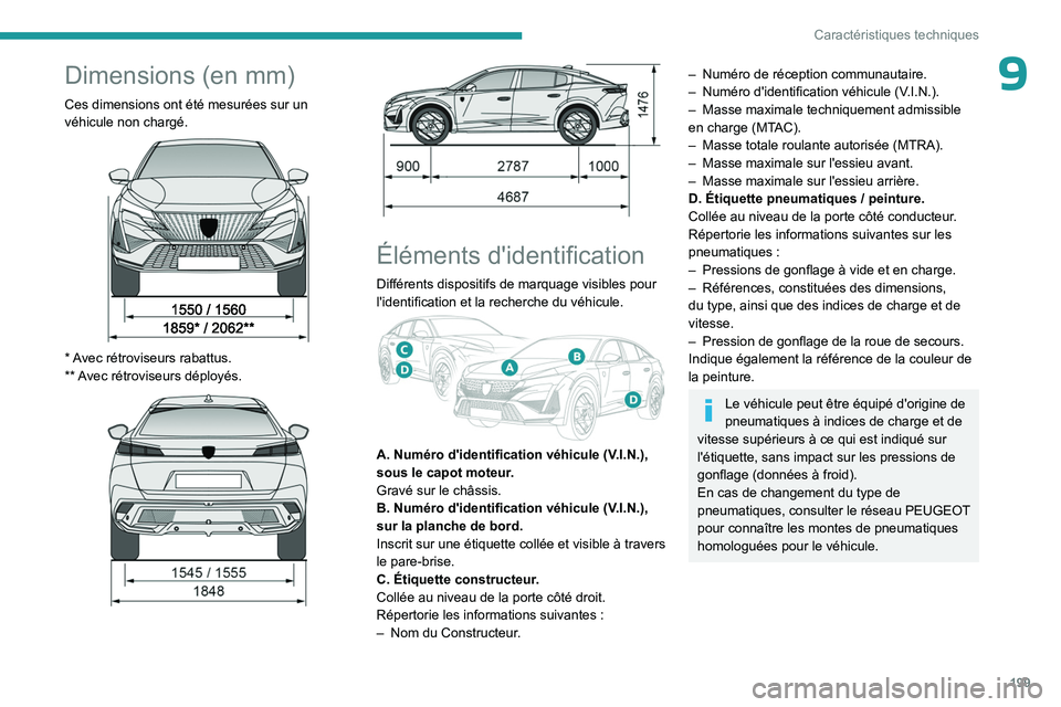 PEUGEOT 408 2023  Manuel du propriétaire (in French) 199
Caractéristiques techniques
9Dimensions (en mm)
Ces dimensions ont été mesurées sur un 
véhicule non chargé. 
 
 
* Avec rétroviseurs rabattus.
** A vec rétroviseurs déployés.
 
 
 
 
É