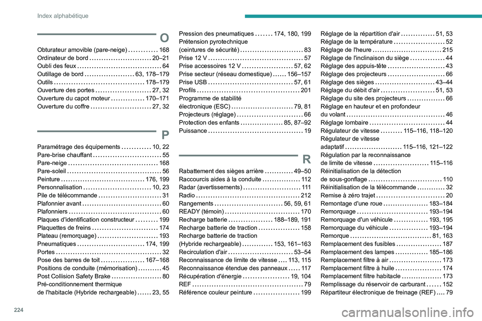 PEUGEOT 408 2023  Manuel du propriétaire (in French) 224
Index alphabétique
O
Obturateur amovible (pare-neige)     168
Ordinateur de bord     
20–21
Oubli des feux
    
64
Outillage de bord
    
63, 178–179
Outils
    
178–179
Ouverture des porte