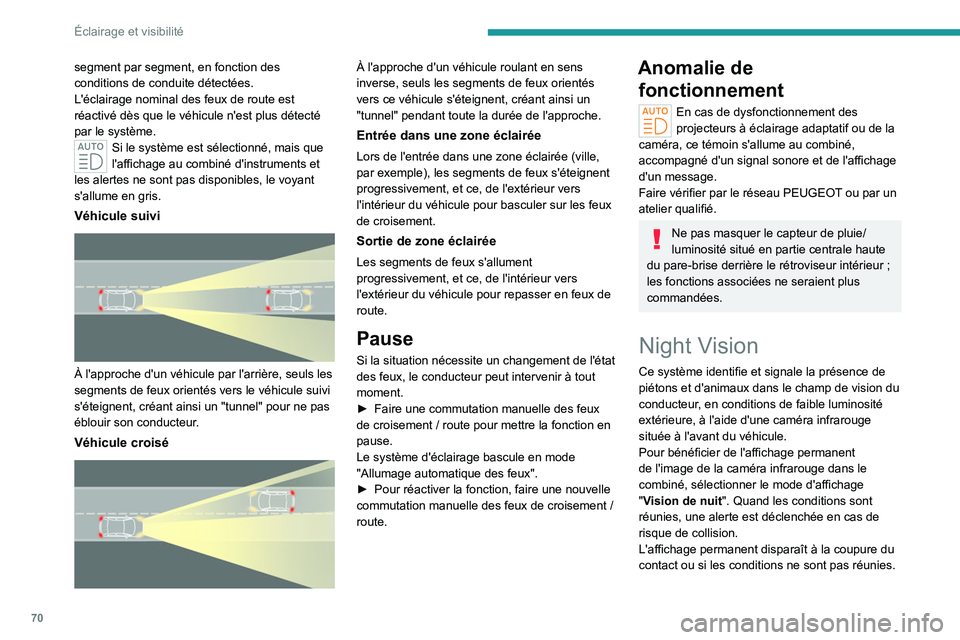 PEUGEOT 408 2023  Manuel du propriétaire (in French) 70
Éclairage et visibilité
segment par segment, en fonction des 
conditions de conduite détectées.
L'éclairage nominal des feux de route est 
réactivé dès que le véhicule n'est plus d