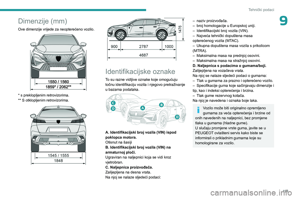 PEUGEOT 408 2023  Upute Za Rukovanje (in Croatian) 191
Tehnički podaci
9Dimenzije (mm)
Ove dimenzije vrijede za neopterećeno vozilo. 
 
* s preklopljenim retrovizorima.
** S otklopljenim retrovizorima.
 
 
 
 
Identifikacijske  oznake
To su razne vi