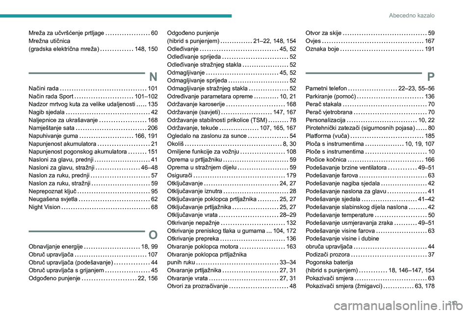 PEUGEOT 408 2023  Upute Za Rukovanje (in Croatian) 213
Abecedno kazalo
Mreža za učvršćenje prtljage     60
Mrežna utičnica   
(gradska električna mreža)
    
148, 150
N
Načini rada     101
Način rada Sport     
101–102
Nadzor mrtvog kuta z