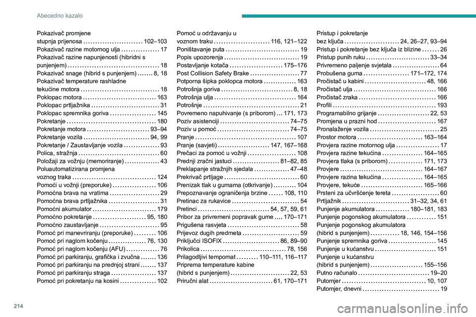 PEUGEOT 408 2023  Upute Za Rukovanje (in Croatian) 214
Abecedno kazalo
Pokazivač promjene  
stupnja prijenosa     
102–103
Pokazivač razine motornog ulja
    
17
Pokazivač razine napunjenosti (hibridni s 
punjenjem)
    
18
Pokazivač snage (hibr