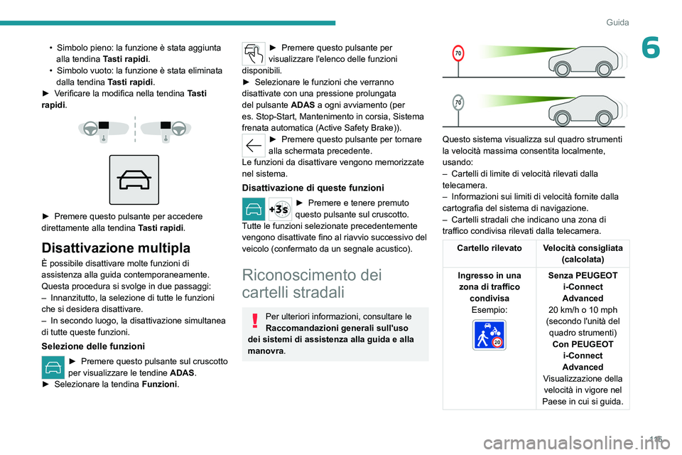 PEUGEOT 408 2023  Manuale duso (in Italian) 11 5
Guida
6• Simbolo pieno: la funzione è stata aggiunta 
alla tendina  T
asti rapidi.
•
 
Simbolo vuoto: la funzione è stata eliminata 
dalla tendina  T

asti rapidi.
►
 
V
 erificare la mod