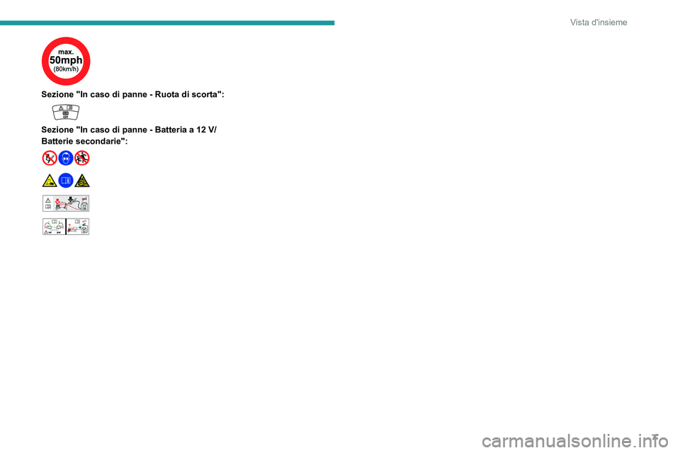 PEUGEOT 408 2023  Manuale duso (in Italian) 7
Vista d'insieme
 
Sezione "In caso di panne - Ruota di scorta": 
 
Sezione "In caso di panne - Batteria a 12 V/
Batterie secondarie":
 
 
 
 
 24V12V 
 
    