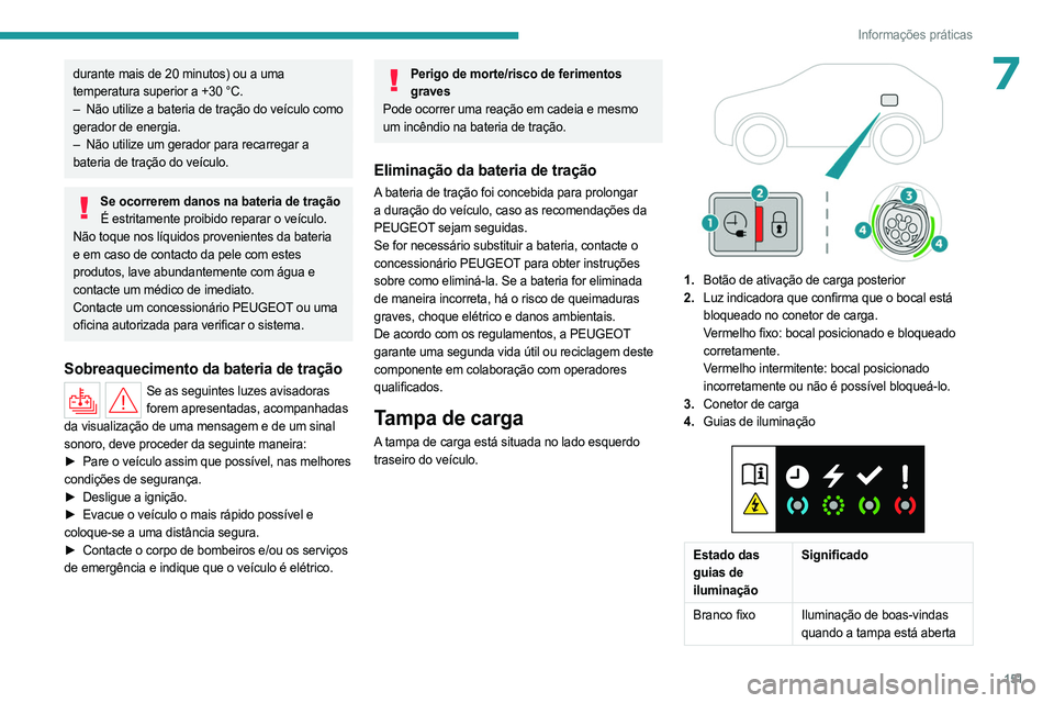 PEUGEOT 408 2023 Manual de utilização (in Portuguese) 151
Informações práticas
7durante mais de 20 minutos) ou a uma
temperatura superior a +30 °C.
–
Não utilize a bateria de tração do veículo como
gerador de energia.
–
Não utilize um PEUGEOT 408 2023 Manual de utilização (in Portuguese) 151
Informações práticas
7durante mais de 20 minutos) ou a uma
temperatura superior a +30 °C.
–
Não utilize a bateria de tração do veículo como
gerador de energia.
–
Não utilize um