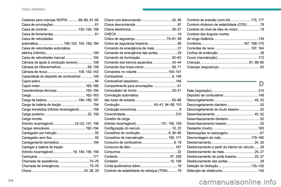 PEUGEOT 408 2023  Manual de utilização (in Portuguese) 216
Índice alfabético
Cadeiras para crianças ISOFIX    88–89, 91–92
Caixa de arrumações     
61
Caixa de controlo
    
152–154, 158
Caixa de ferramentas
    
61
Caixa de velocidades  
autom