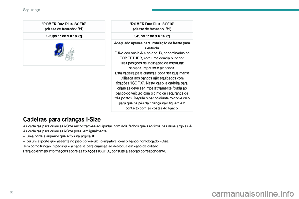 PEUGEOT 408 2023 Manual de utilização (in Portuguese) 90
Segurança
“RÖMER Duo Plus ISOFIX”
(classe de tamanho: B1)
Grupo 1: de 9 a 18 kg
“RÖMER Duo Plus ISOFIX”
(classe de tamanho: B1)
Grupo 1: de 9 a 18 kg
Adequado apenas para instalaçã PEUGEOT 408 2023 Manual de utilização (in Portuguese) 90
Segurança
“RÖMER Duo Plus ISOFIX”
(classe de tamanho: B1)
Grupo 1: de 9 a 18 kg
“RÖMER Duo Plus ISOFIX”
(classe de tamanho: B1)
Grupo 1: de 9 a 18 kg
Adequado apenas para instalaçã
