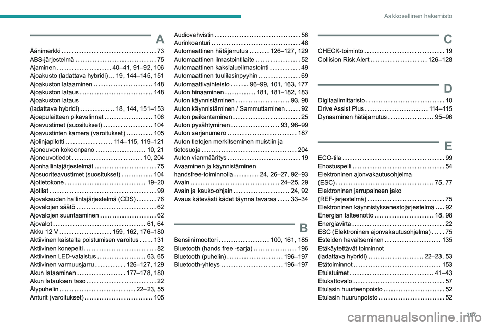 PEUGEOT 408 2023 Omistajan Käsikirja (in Finnish) 207
Aakkosellinen hakemisto
A
Äänimerkki 73
ABS-järjestelmä
75
Ajaminen
40–41, 91–92, 106
Ajoakusto (ladattava hybridi)
19, 144–145, 151
Ajoakuston lataaminen
148
Ajo PEUGEOT 408 2023 Omistajan Käsikirja (in Finnish) 207
Aakkosellinen hakemisto
A
Äänimerkki 73
ABS-järjestelmä
75
Ajaminen
40–41, 91–92, 106
Ajoakusto (ladattava hybridi)
19, 144–145, 151
Ajoakuston lataaminen
148
Ajo