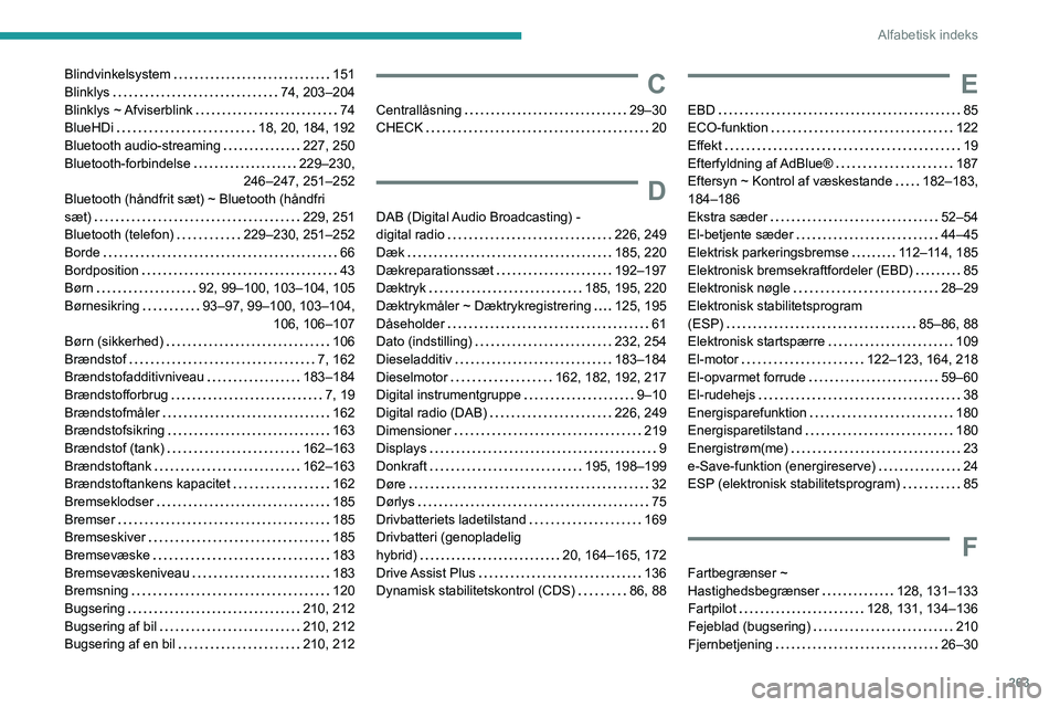 PEUGEOT 5008 2023  Brugsanvisning (in Danish) 263
Alfabetisk indeks
Blindvinkelsystem     151
Blinklys     
74, 203–204
Blinklys  ~ Afviserblink
    
74
BlueHDi
    
18, 20, 184, 192
Bluetooth audio-streaming
    
227, 250
Bluetooth-forbindelse