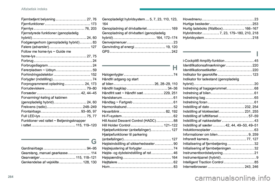 PEUGEOT 5008 2023  Brugsanvisning (in Danish) 264
Alfabetisk indeks
Fjernbetjent belysning     27, 76
Fjernfunktioner     
173
Fjernlys
    
76, 203
Fjernstyrede funktioner (genopladelig  
hybrid)
    
24, 60
Fodgængerhorn (genopladelig hybrid)
