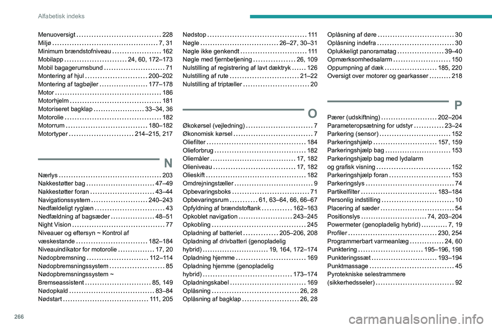 PEUGEOT 5008 2023  Brugsanvisning (in Danish) 266
Alfabetisk indeks
Menuoversigt     228
Miljø     
7, 31
Minimum brændstofniveau
    
162
Mobilapp
    
24, 60, 172–173
Mobil bagagerumsbund
    
71
Montering af hjul
    
200–202
Montering a
