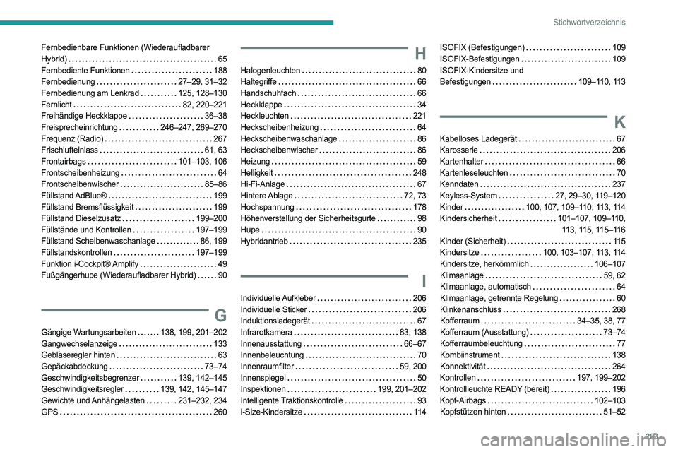PEUGEOT 5008 2023  Betriebsanleitungen (in German) 283
Stichwortverzeichnis
Fernbedienbare Funktionen (Wiederaufladbarer 
Hybrid)    
65
Fernbediente Funktionen
   
188
Fernbedienung
    
27–29, 31–32
Fernbedienung am Lenkrad
   
125, 128–130
Fe