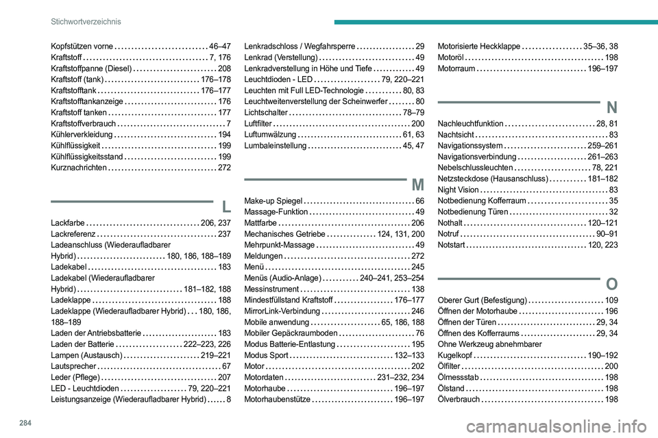 PEUGEOT 5008 2023  Betriebsanleitungen (in German) 284
Stichwortverzeichnis
Kopfstützen vorne    46–47
Kraftstoff     
7, 176
Kraftstoffpanne (Diesel)
    
208
Kraftstoff (tank)
    
176–178
Kraftstofftank
    
176–177
Kraftstofftankanzeige
   