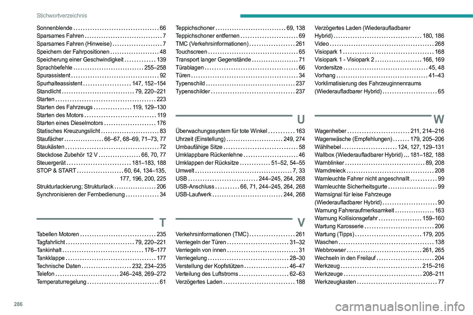 PEUGEOT 5008 2023  Betriebsanleitungen (in German) 286
Stichwortverzeichnis
Sonnenblende     66
Sparsames Fahren     
7
Sparsames Fahren (Hinweise)
   
7
Speichern der Fahrpositionen
   
48
Speicherung einer Geschwindigkeit
   
139
Sprachbefehle
    
