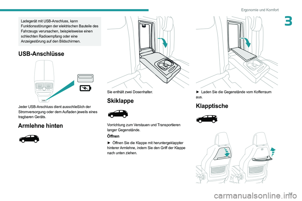 PEUGEOT 5008 2023  Betriebsanleitungen (in German) 71
Ergonomie und Komfort
3Ladegerät mit USB-Anschluss, kann 
Funktionsstörungen der elektrischen Bauteile des 
Fahrzeugs verursachen, beispielsweise einen 
schlechten Radioempfang oder eine 
Anzeige