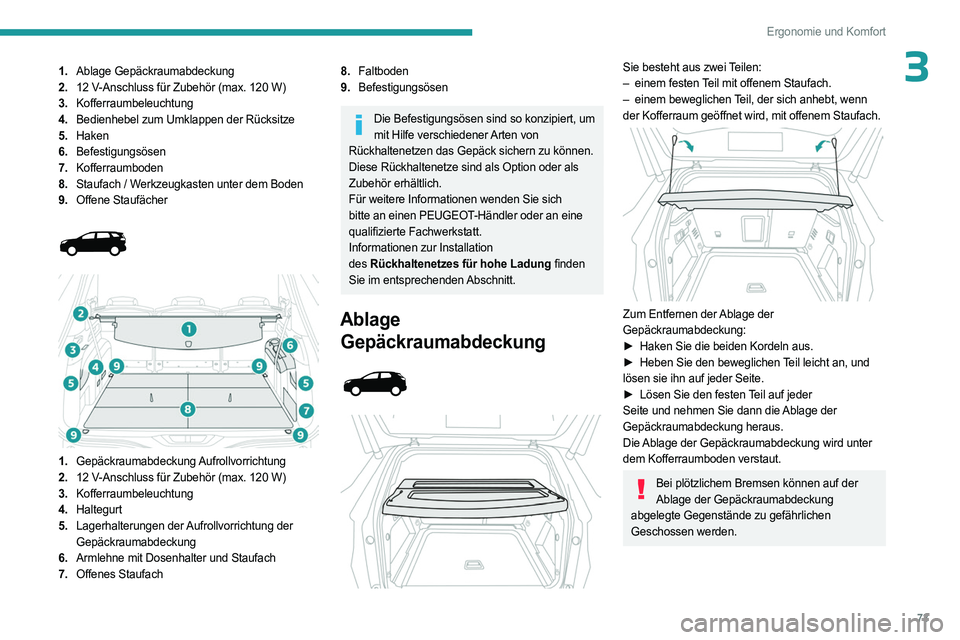PEUGEOT 5008 2023  Betriebsanleitungen (in German) 73
Ergonomie und Komfort
31.Ablage Gepäckraumabdeckung
2. 12
  V-Anschluss für Zubehör (max. 120   W)
3. Kofferraumbeleuchtung
4. Bedienhebel zum Umklappen der Rücksitze
5. Haken
6. Befestigungsö