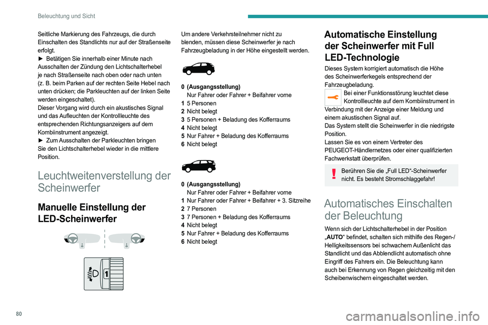 PEUGEOT 5008 2023  Betriebsanleitungen (in German) 80
Beleuchtung und Sicht
Seitliche Markierung des Fahrzeugs, die durch 
Einschalten des Standlichts nur auf der Straßenseite 
erfolgt.
► 
Betätigen Sie innerhalb einer Minute nach
  
Ausschalten d