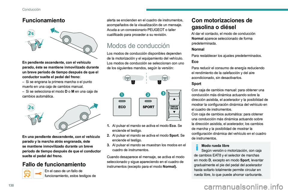 PEUGEOT 5008 2023 Manual del propietario (in Spanish) 130
Conducción
Funcionamiento
En pendiente ascendente, con el vehículo
parado, éste se mantiene inmovilizado durante
un breve período de tiempo después de que el
conductor suelte el pedal d PEUGEOT 5008 2023 Manual del propietario (in Spanish) 130
Conducción
Funcionamiento
En pendiente ascendente, con el vehículo
parado, éste se mantiene inmovilizado durante
un breve período de tiempo después de que el
conductor suelte el pedal d
