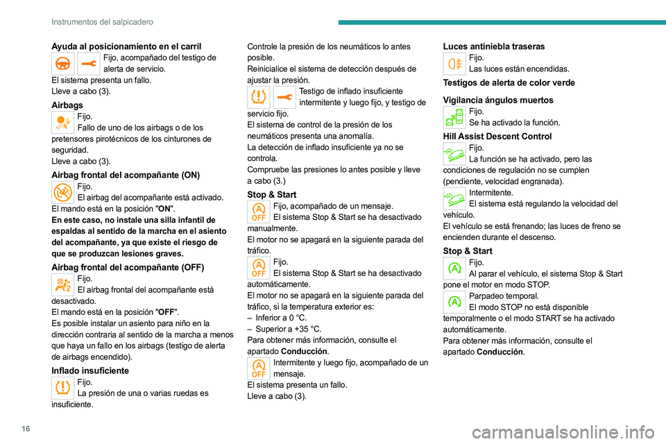 PEUGEOT 5008 2023 Manual del propietario (in Spanish) 16
Instrumentos del salpicadero
Ayuda al posicionamiento en el carrilFijo, acompañado del testigo de alerta de servicio.
El sistema presenta un fallo.
Lleve a cabo (3).
AirbagsFijo. Fallo de uno de l PEUGEOT 5008 2023 Manual del propietario (in Spanish) 16
Instrumentos del salpicadero
Ayuda al posicionamiento en el carrilFijo, acompañado del testigo de alerta de servicio.
El sistema presenta un fallo.
Lleve a cabo (3).
AirbagsFijo. Fallo de uno de l