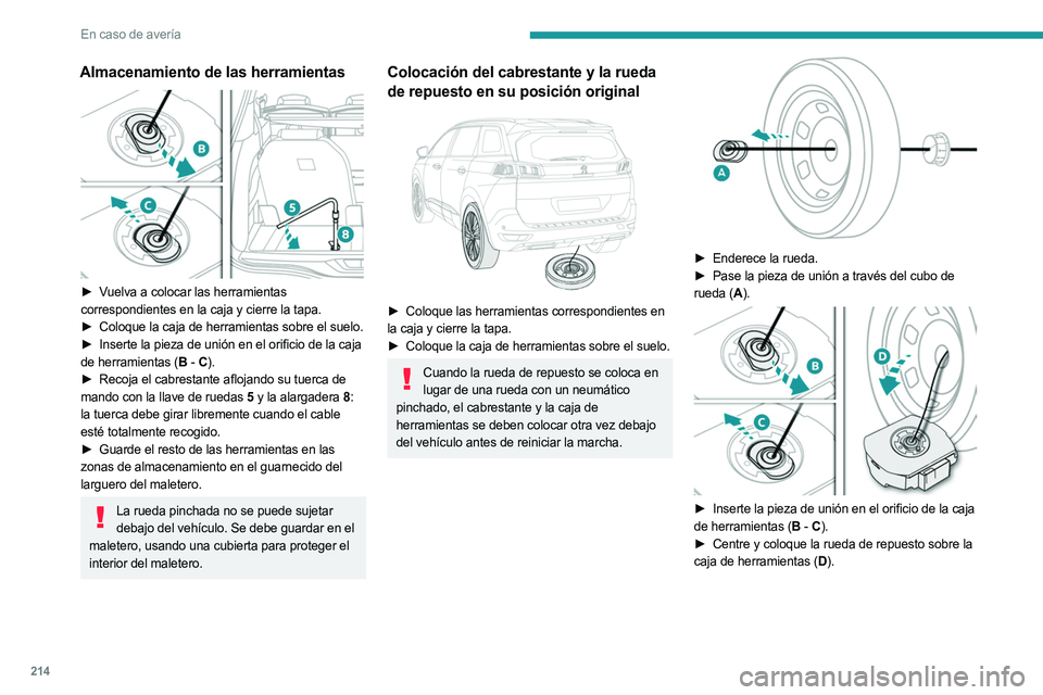 PEUGEOT 5008 2023 Manual del propietario (in Spanish) 214
En caso de avería
Almacenamiento de las herramientas
► Vuelva a colocar las herramientas
correspondientes en la caja y cierre la tapa.
►
Coloque la caja de herramientas sobre el suelo.
PEUGEOT 5008 2023 Manual del propietario (in Spanish) 214
En caso de avería
Almacenamiento de las herramientas
► Vuelva a colocar las herramientas
correspondientes en la caja y cierre la tapa.
►
Coloque la caja de herramientas sobre el suelo.