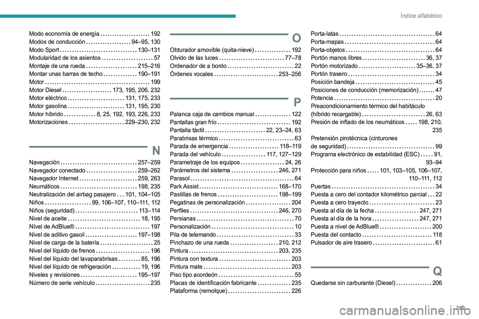 PEUGEOT 5008 2023 Manual del propietario (in Spanish) 283
Índice alfabético
Modo economía de energía 192
Modos de conducción
94–95, 130
Modo Sport
130–131
Modularidad de los asientos
57
Montaje de una rueda
215–216
Montar u PEUGEOT 5008 2023 Manual del propietario (in Spanish) 283
Índice alfabético
Modo economía de energía 192
Modos de conducción
94–95, 130
Modo Sport
130–131
Modularidad de los asientos
57
Montaje de una rueda
215–216
Montar u