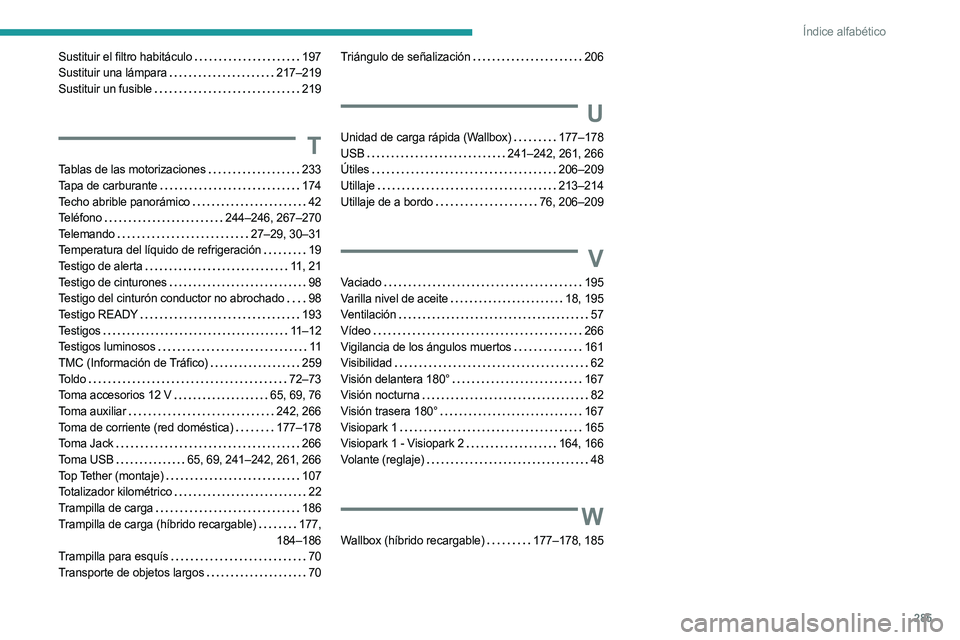 PEUGEOT 5008 2023 Manual del propietario (in Spanish) 285
Índice alfabético
Sustituir el filtro habitáculo 197
Sustituir una lámpara
217–219
Sustituir un fusible
219
T
Tablas de las motorizaciones 233
Tapa de carburante
174
Tech PEUGEOT 5008 2023 Manual del propietario (in Spanish) 285
Índice alfabético
Sustituir el filtro habitáculo 197
Sustituir una lámpara
217–219
Sustituir un fusible
219
T
Tablas de las motorizaciones 233
Tapa de carburante
174
Tech