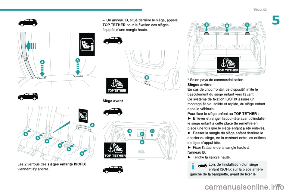 PEUGEOT 5008 2023  Manuel du propriétaire (in French) 107
Sécurité
5
 
 
 
 
 
 
 
Les 2 verrous des  sièges enfants ISOFIX  
viennent s'y ancrer . –
 
Un anneau
  
B
 , situé derrière le siège, appelé 
TOP TETHER pour la fixation des siège