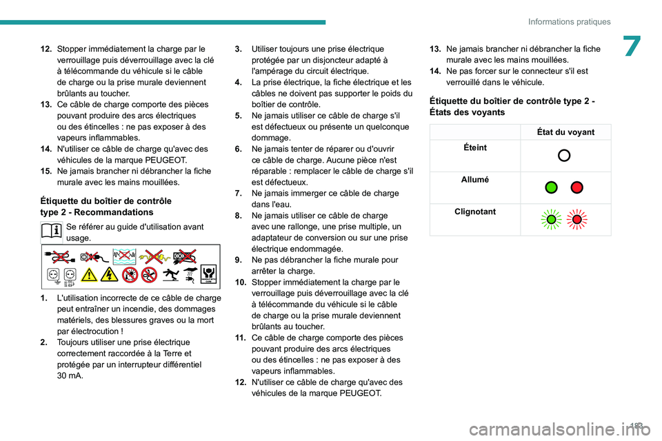 PEUGEOT 5008 2023 Manuel du propriétaire (in French) 183
Informations pratiques
712.Stopper immédiatement la charge par le
verrouillage puis déverrouillage avec la clé
à télécommande du véhicule si le câble
de charge ou la prise murale devien PEUGEOT 5008 2023 Manuel du propriétaire (in French) 183
Informations pratiques
712.Stopper immédiatement la charge par le
verrouillage puis déverrouillage avec la clé
à télécommande du véhicule si le câble
de charge ou la prise murale devien