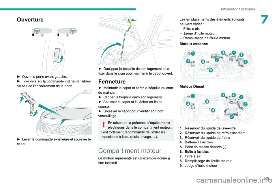 PEUGEOT 5008 2023 Manuel du propriétaire (in French) 195
Informations pratiques
7Ouverture
► Ouvrir la porte avant gauche.
► T irer vers soi la commande intérieure, située
en bas de l'encadrement de la porte.
► Lever la commande PEUGEOT 5008 2023 Manuel du propriétaire (in French) 195
Informations pratiques
7Ouverture
► Ouvrir la porte avant gauche.
► T irer vers soi la commande intérieure, située
en bas de l'encadrement de la porte.
► Lever la commande