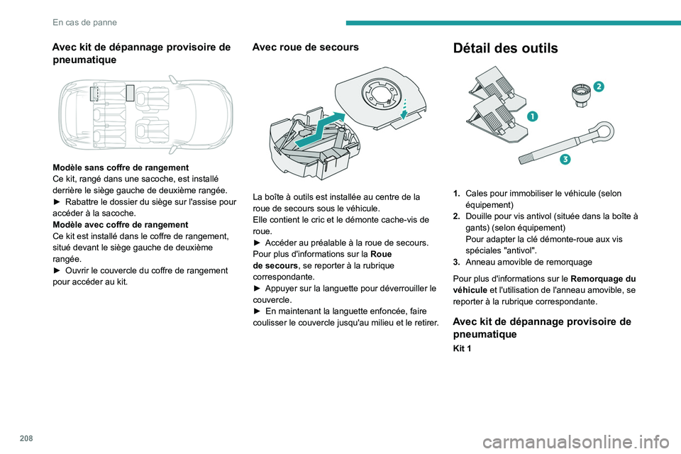 PEUGEOT 5008 2023 Manuel du propriétaire (in French) 208
En cas de panne
Avec kit de dépannage provisoire de pneumatique
Modèle sans coffre de rangement
Ce kit, rangé dans une sacoche, est installé
derrière le siège gauche de deuxième rangé PEUGEOT 5008 2023 Manuel du propriétaire (in French) 208
En cas de panne
Avec kit de dépannage provisoire de pneumatique
Modèle sans coffre de rangement
Ce kit, rangé dans une sacoche, est installé
derrière le siège gauche de deuxième rangé