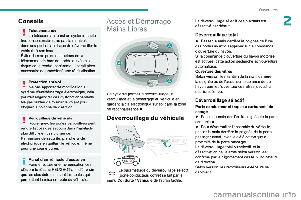 PEUGEOT 5008 2023  Manuel du propriétaire (in French) 29
Ouvertures
2Conseils
Télécommande
La télécommande est un système haute 
fréquence sensible
  ; ne pas la manipuler 
dans ses poches au risque de déverrouiller le 
véhicule à son insu.
Évi
